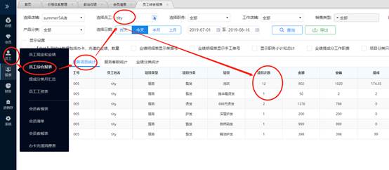 能查出员工服务的某一个项目的数量吗？如果有怎么查询？